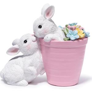 Hodao Set of 2 Easter Bunny Figurines Decor - Adorable Easter Rabbit Sculptures with Floral Accents, Spring Tabletop Decorations, 6 Inches Tall (White)