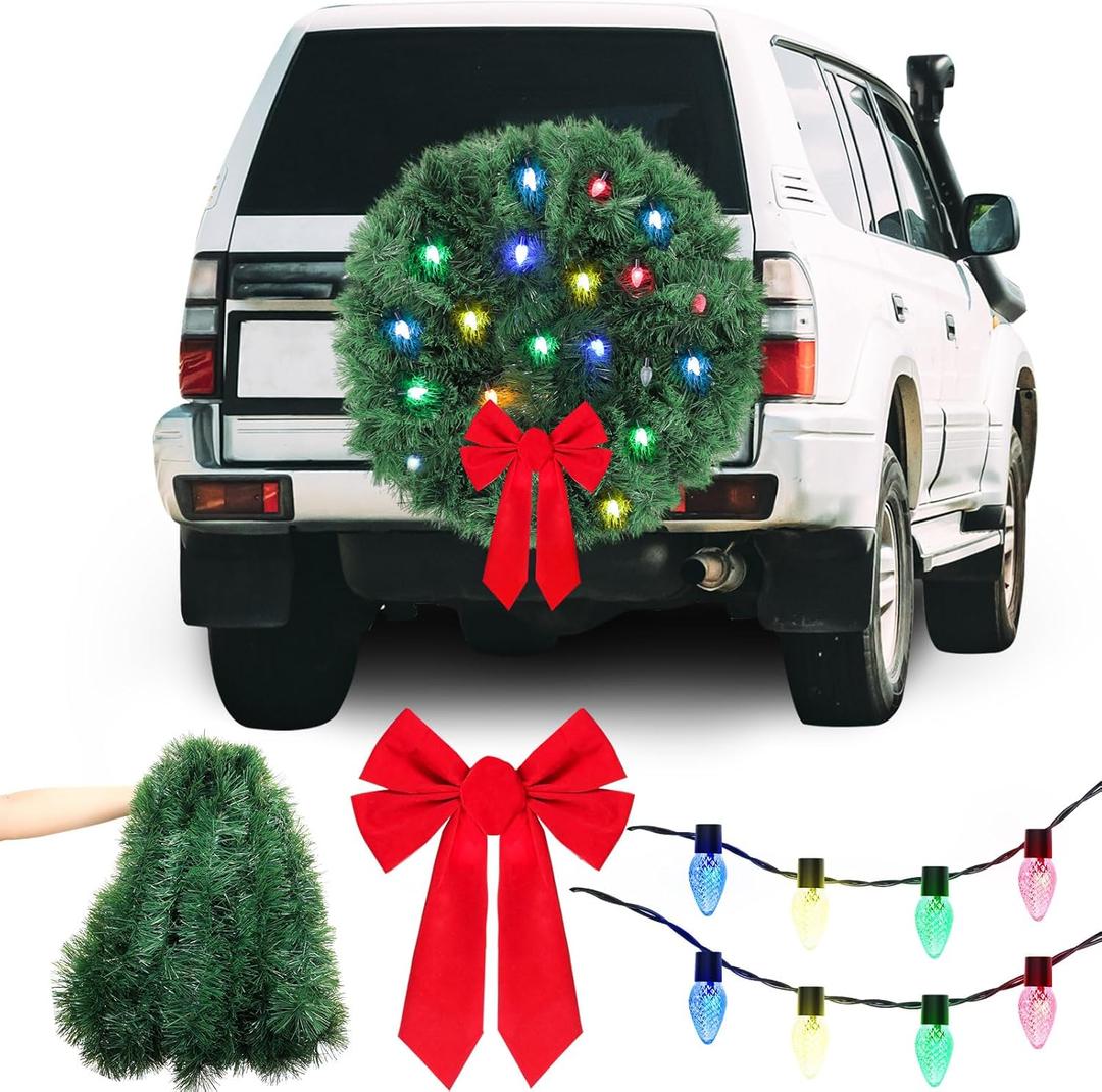164 ft Christmas Large DIY LED Car Wreath Christmas Car Decorations Artificial Wreath for Front Grill Lighted with Red Bow Truck Decoration, No Batteries Included