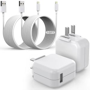 10 Feet Charger for iPad iPhone,2Pack Foldable Portable Travel Plug,Fast Charging Cube 12W Foldable Block with 2Pack 10FT Long USB to Lightning Cable,Fast Charging for iPhone, iPad/mini/Air,AirPods