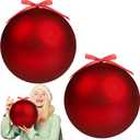 Weysat 2 Pcs 8 Inch Extra Large Fillable Christmas Ball Ornaments Giant Matte Red Plastic Christmas Tree Ornaments Balls with Hanging Ribbons for Outside Lawn Yard Tree Decorations
