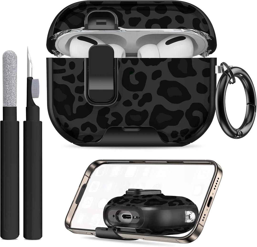 Compatible Airpods Pro 3 Case (2025) with Phone Stand & Cleaner Kit,Cute Soft Silicone Lock Clip Apple AirPods Pro 3rd Generation Case, Airpod Pro 3 Cover with Keychain for Women/Girls,Leopard Print