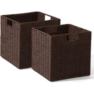 Set of 2 Hand-Woven Paper Rope Wicker Baskets, Storage Basket, Foldable Cube Storage Bins, Brown Storage Cubes, Square Baskets for Organizing Shelves Decor, 12x12x12in