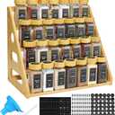 4 Tier Bamboo Spice Rack Organizer with 28 Spice Jars, 780 Labels, Wood Shelf, Chalk Marker and Funnel Set for Cabinet Kitchen Countertop, Empty 4 oz Glass Jars