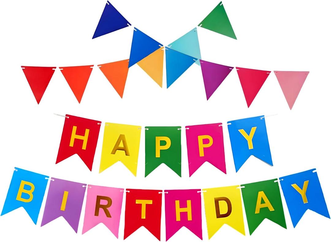 7 x Colorful Happy Birthday Banner with 12pcs Pennant Banner Flags, Rainbow Happy Birthday Sign with Shiny Gold Letters, Party Decorations for Boys Girls, DIY Party Supplies (Multi-color)