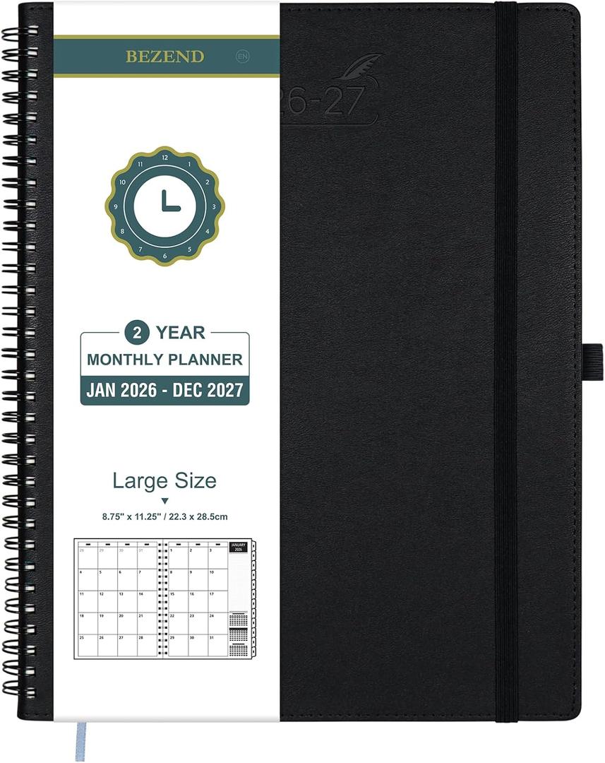 BEZEND Monthly Planner 2026-2027 (Spiral-8.5" x 11") 2 Year Calendar Book with Note Pages - Jan 26 to Dec 27-120 GSM Paper, Inner Pockets, Laminated Tabs, Vegan Leather Softcover - Black