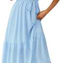 PRETTYGARDEN Women's Summer Floral Boho Dress Wrap V Neck Short Sleeve Ruffle A-Line Flowy Maxi Wedding Guest Dresses (Solid Light Blue, Large)