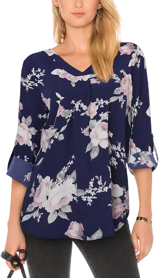 Youtalia Womens Blouses Dressy Casual Business Tops 3/4 Sleeve Chiffon V Neck Work Office Shirts (Small, Multicolor Blue)