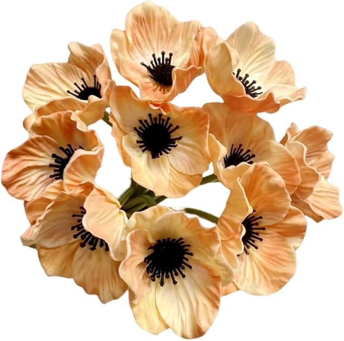LebriTamFa 14Pcs Real Touch Anemone Poppy Bouquet for Artificial Flower Decor Kitchen Table Centerpiece Vase Home Greenery Wedding Holding Flowers Backdrop Arch Wall (Champagne)