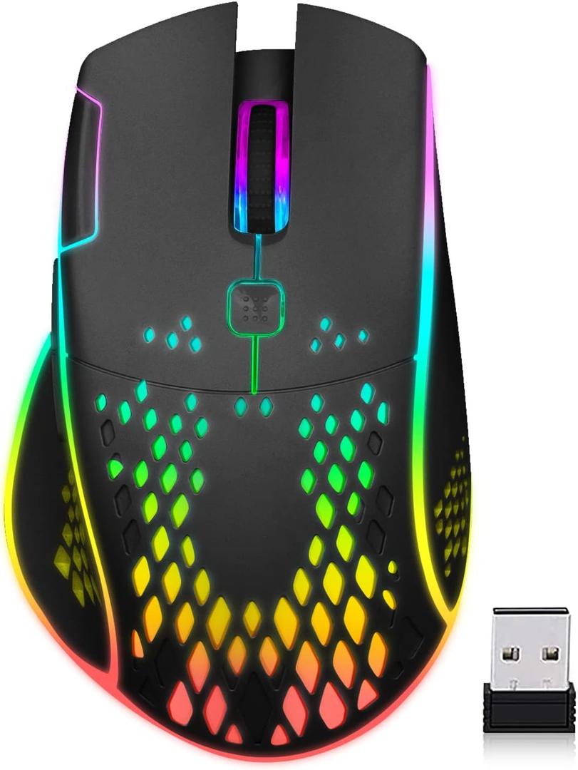 VEGCOO Wireless Gaming Mouse, C30 Silent Click Wireless Rechargeable Gaming Mouse with Double-Click Key and Colorful LED Lights, 3 Level Adjustable DPI, 400mah Lithium Battery for Gaming and Working (Black)