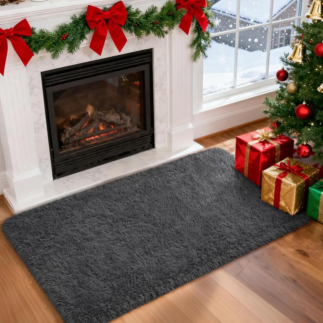 Merelax Fluffy Shaggy Small Area Rug, Dark Grey 2x3 Doormat Door Rugs for Bedside Christmas Decor, Mini Fuzzy Plush Throw Rug, Soft Non-Slip Entryway Shag Catpet for Livingroom Holiday Home Aesthetic