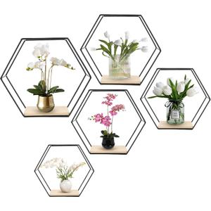 Wall Mounted Hexagonal Floating Shelves Black Set of 5 in Different Sizes, Modern Metal Shelf, Simple Wood Partition Storage Shelves, Decor Rack for Bedroom, Living Room, Kitchen and Office