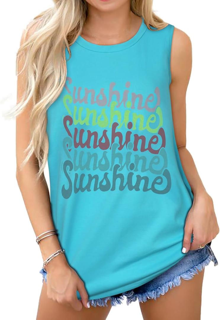 Womens Tank Tops Summer T Shirts Sleeveless Casual Loose Tunic Blouses (X-Large, Light Blue Letters)