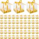 96 Pieces Individual Cupcake Boxes Single Cupcake Container Clear Cupcake Carrier Plastic Cupcake Storage Cupcake Holder with Ribbon and Insert for Wedding Birthday Party Favor, 3.5 x 3.5 x 3.5(Gold)