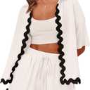 Shy Velvet Lounge Sets for Women Two Piece Sets Summer Pajama Sets Linen Cotton Vacation Outfits With Stylish Ric Rac Trim (L)