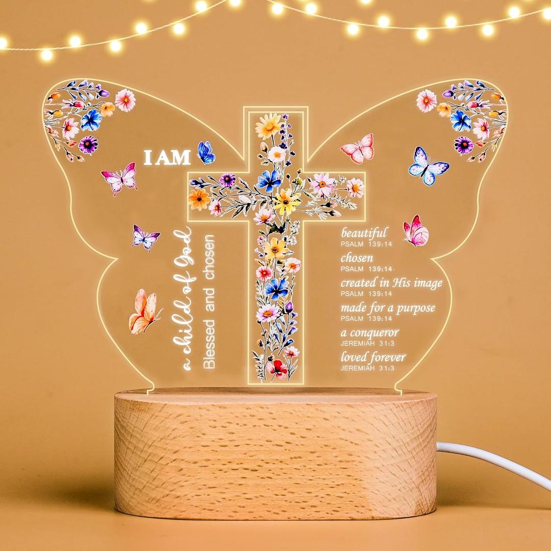 Baptism Gift for Girls Boys,Baby Shower Gifts,Butterfly Cross Night Light Gift for Baptism, Goddaughter, Godson, First Communion, Confirmation, Easter, Christmas | Christian Nursery Decor Gift
