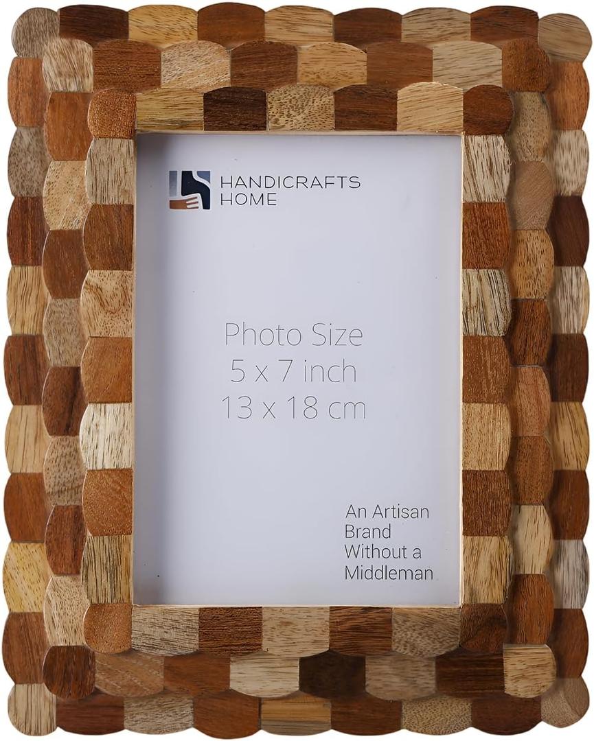 Handicrafts Home Wood Picture Frame Handmade 5x7Artisan Hive Collection Scallop Pattern Natural Wood Photo Frame for Boho Home Decor, Desk Styling, Living Room Wall Art, Christmas Gift, Holiday Decor