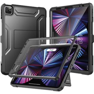 Soke Case for iPad Pro 11 Inch 2022/2021/2020/2018/iPad Air 5th/4th Generation, Built-in Screen Protector - Support 2nd Apple Pencil Charging - Heavy Duty Rugged Protective Kickstand Case - Black