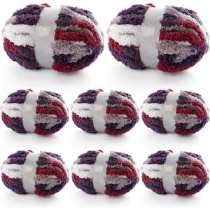 8 Pcs Chunky Yarn for Hand Knitting - Chunky Chenille Yarn for Crocheting - Fluffy Yarn for Crochet - Jumbo Yarn for Hand Knitting 227 yds 61.6 oz of Super Bulky Yarn (Burgundy-Grey-White)