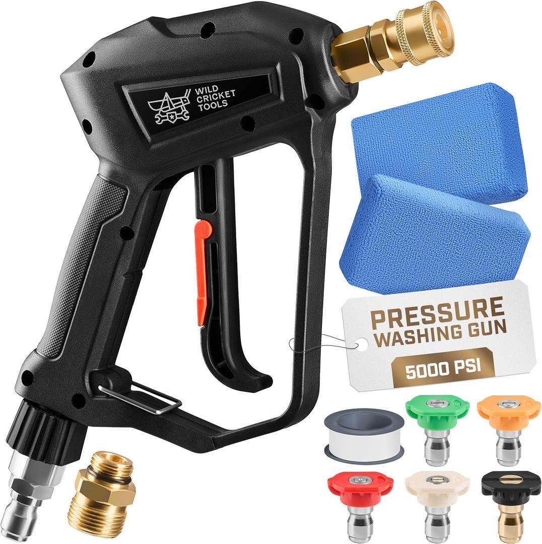 Pressure Washer Gun | High-Performance, Up to 5,000 PSI Car Wash Gun w/ 5 Nozzles for Stone, Brick, Metal, Wood, Glass | Stubby Pressure Washer Handle w/ 2 Adapters, 2 Sponges, Teflon Tape