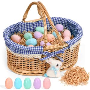 Easter Basket with Grass, 12 Plastic Eggs and Bunny Charm, Medium Oval Wicker Picnic Gift Basket with Lined Interior for Kids Egg Hunt, Candy, Toys, Spring Decor and Table Centerpieces, Blue Gingham