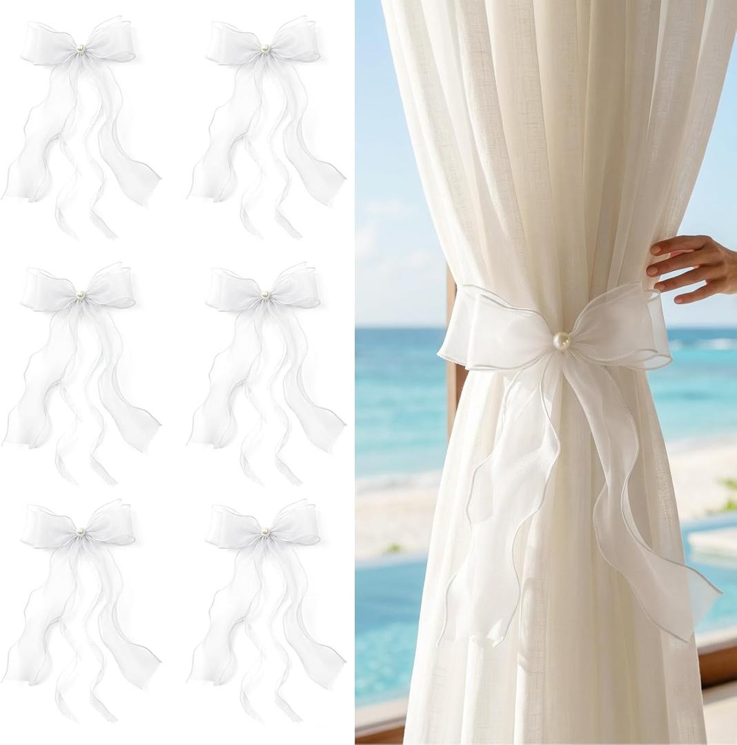 Sheer Organza Pearl White Bow Curtain Tiebacks 6-Pack, Soft Gauze Ribbon Decorative Knot Window Holders, Lightweight Casual Home Decor