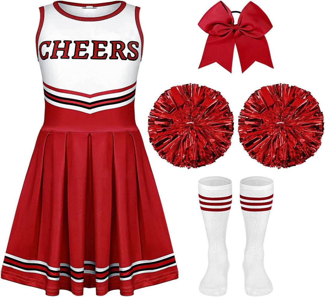 4 Pcs Girls Halloween Cheerleader Costume Outfit Set Fancy Dress for Kids Halloween Birthday Party (5 to 6 Years Old)