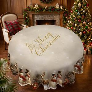 60 Inch Round Christmas Tablecloth, Snowman Holiday Table Cover
