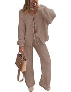 ZESICA Women's 2 Piece Outfits Lounge Pajama Sets 2025 Fall Long Sleeve Cardigans Wide Leg Pants Matching Winter Clothes Khaki Medium