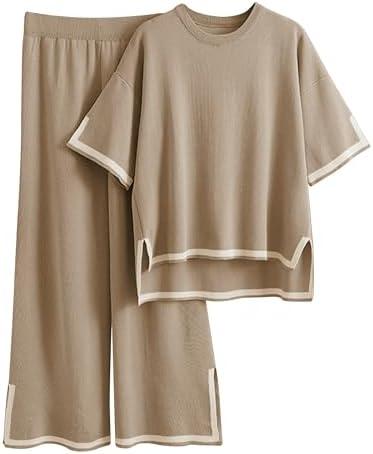 Tanming Sweater Sets Women 2 Piece Lounge Sets Short Sleeve Knit Pullover Tops Wide Leg Pants, Size: Medium