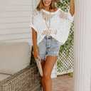 Zeagoo Short Sleeve Crochet Sweater Lightweight Summer Tops Loose Hollow Out Crewneck Pullover (White, M)