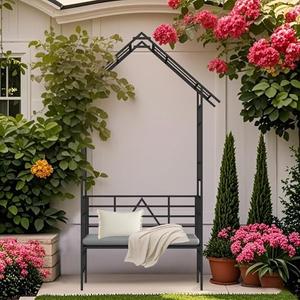 Metal Garden Arch with Bench 97.24" H Garden Arbor Trellis Climbing Plants Support Rose Arch Outdoor Lawn Flower Stand, Black