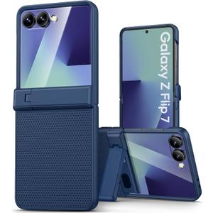 Vihibii for Samsung Galaxy Z Flip 7 Case Slim with Stand & Rugged Hinge Protection & Outer Screen Protector & Non-Slip Texture, Shockproof Protective Cover Phone Case for Galaxy Z Flip 7 5G 2025, Blue