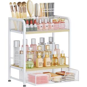 HapiRm Makeup Organizer Countertop with Drawer - Large Capacity Vanity Organizer with Dividers, Bathroom and Bedroom Desk Cosmetic Display Case for Storage Skincare, Makeup Brush, Dresser, Perfume (2 Tier, Natural)