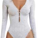 Women Deep V Neck Long Sleeve Bodysuit with Cutout Going Out Bodysuit Casual Stretchy Basic Bodysuit Tops, XL