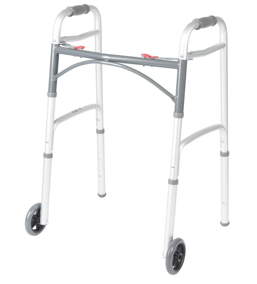 Drive Medical Two-Button Folding Walker with Wheels, Height Adjustable | Two-Button Rolling Walker Features Dual Push-Button Operation, Adjustable Height and Durable Aluminum Frame