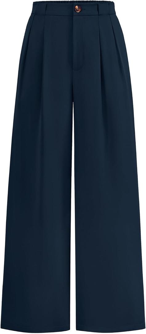 KIRUNDO Wide Leg Dress Pants for Women High Waisted Office Work Trousers Business Casual Slacks Button Flowy Palazzo Pant (Large, Navy Blue)
