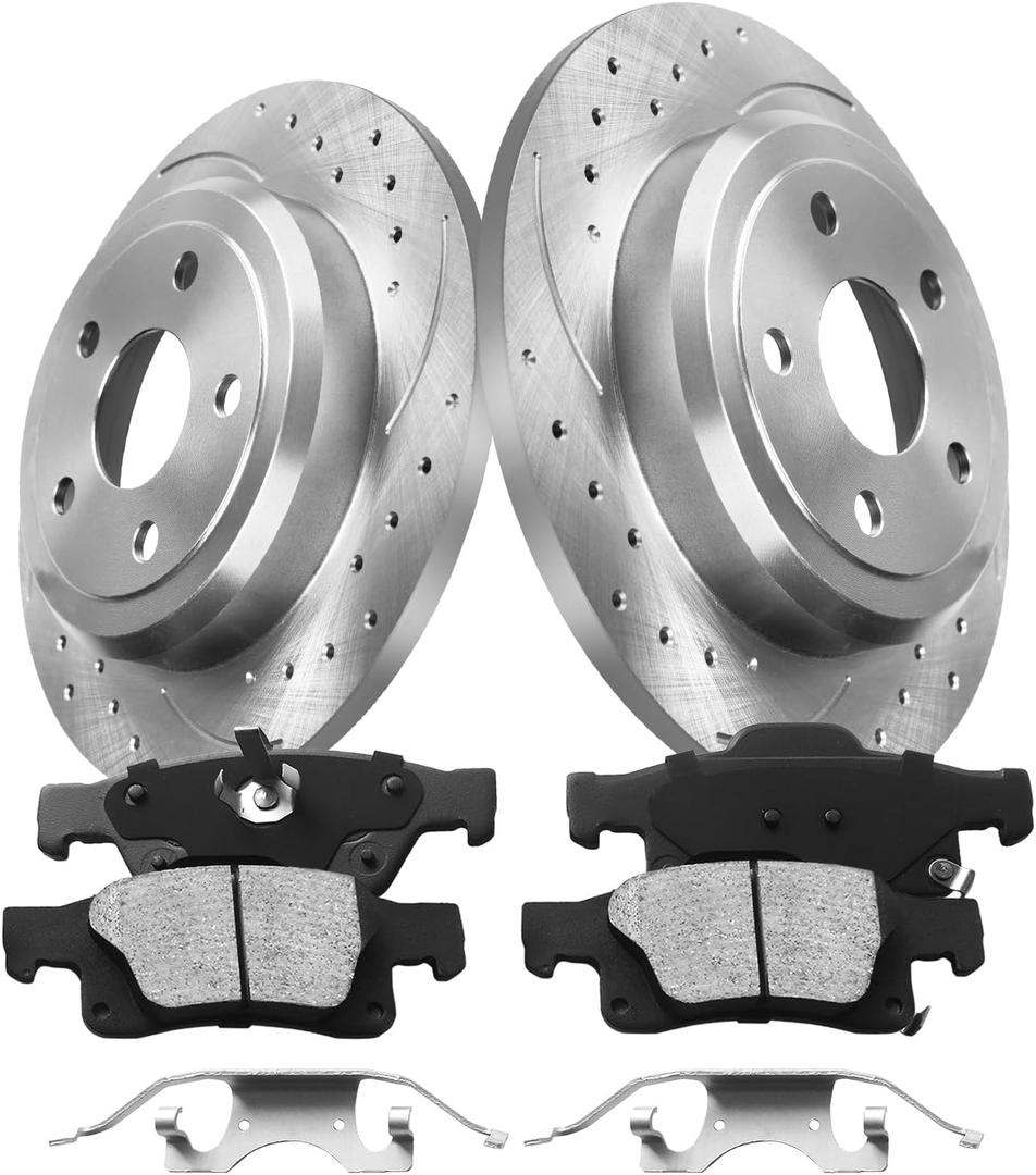 Rear Brake Pads and Rotors Kit Compatible with 2011-2020 Jeep Grand Cherokee, 2011-2020 Dodge Durango| Low Dust Noise Free-Drilled Slotted Brake Rotors Kit | 53061 & D1498-8698/329.9mm(13in)