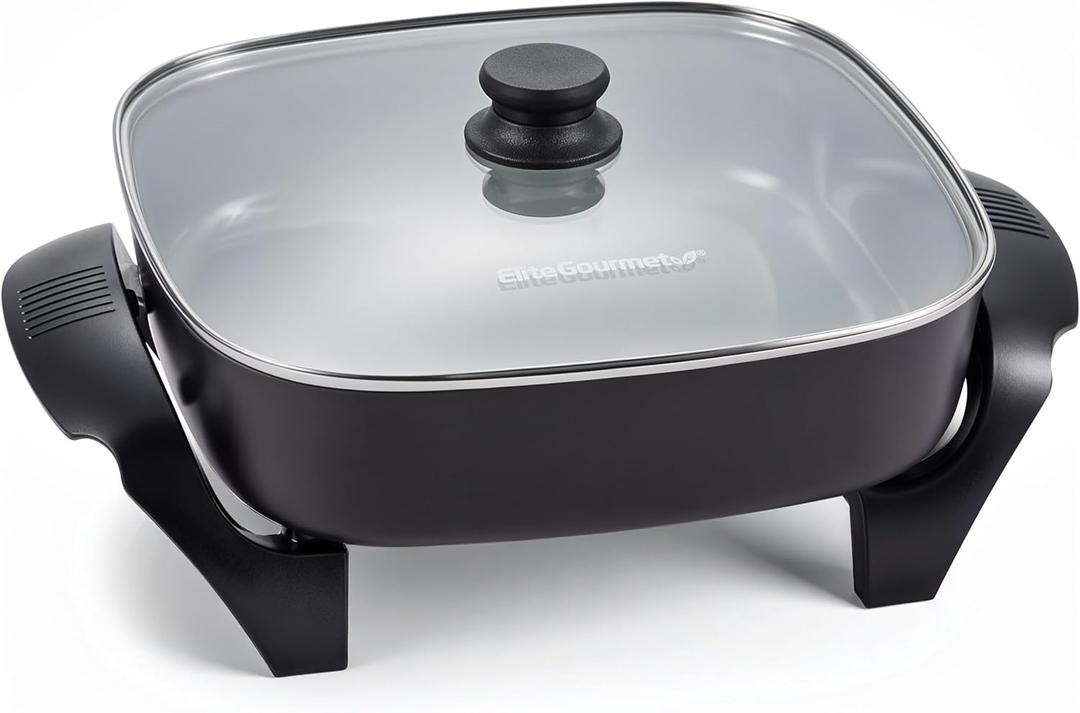 Elite Gourmet 12" x 12" x 3" Ceralast PFAS Free Ceramic Electric Skillet, Dishwasher Safe, Xtra Deep Dish, Rapid Heat 1200W, Black (7.5Qt)