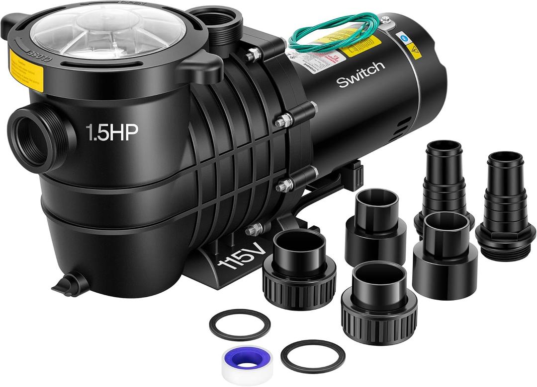 VIVOHOME 1.5 HP 6027 GPH Powerful Copper Motor Self-priming 115V Swimming Pool Pump w/ON/OFF Switch 1.25'' & 1.5" & 2.0'' Unions Energy Saving w/Strainer Basket