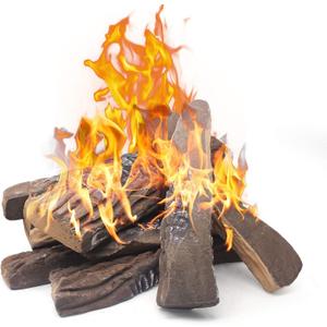 Gas Fireplace Logs, 10pcs Large Ceramic Firepit Logs, Decorative Faux Wood Log Set for Indoor Outdoor Gas Insets, Vented,Ventless, Electric,Ethanol,Gel Fireplaces