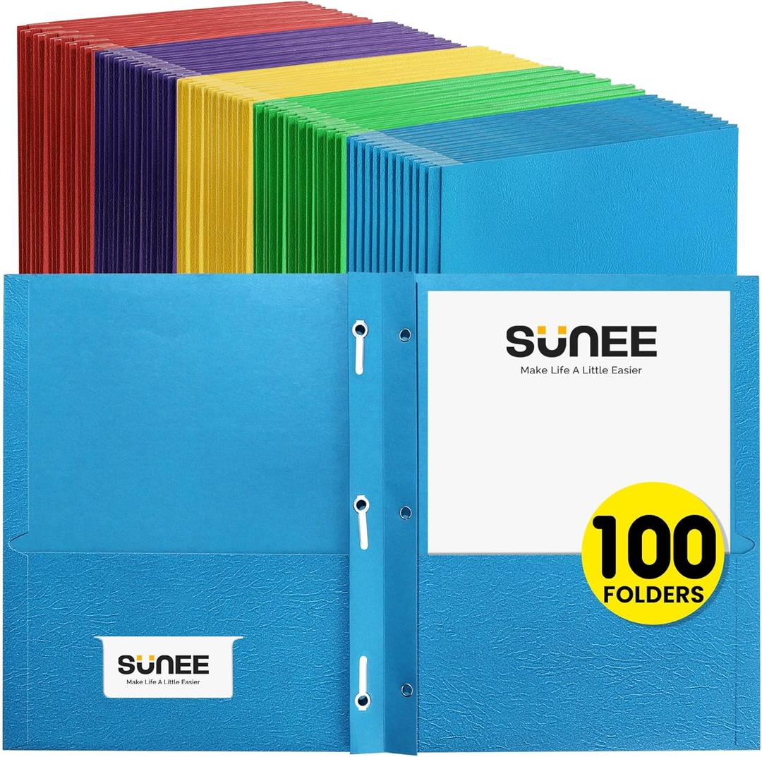SUNEE 2 Pocket Folders with Prongs (100 Pack, 5 Colors), Paper Folders with 2 Pockets and 3 Prongs Fit Letter Size Paper, Folders with Prongs for School Office Home Business (Multicolored)