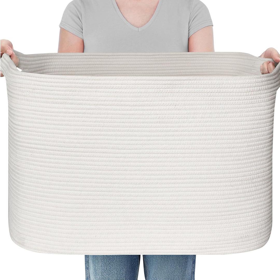 MEGASKET 108L Extra Large Storage Basket, 25" x 16" x 16" White Blanket Basket Living Room, Oversized Cotton Rope Blanket Storage, Woven Kids Dog Toy Bin Box Organizer, Laundry Shoes Towel Bin, White