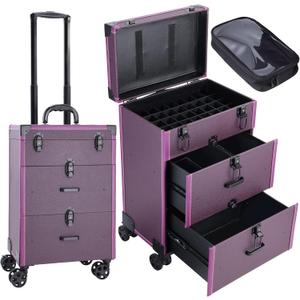 FRENESSA Rolling Nail Case Wheeled Manicure Storage Case Polish Organizer Professional Makeup Trolley for Studio or Travelling Nail Technician Artists Cosmetologist Stylist - Vegan Leather (Purple)