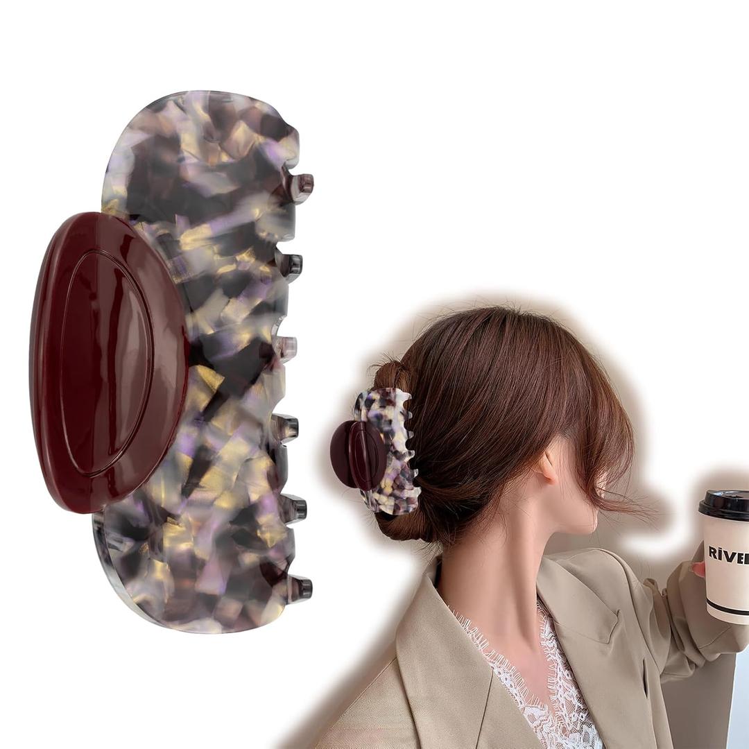 Large Wine-Red Acetate Claw Clip for Women - Heavy Duty Tortoise Shell Hair Clip for Thick & Long Hair, French Style Fancy Hair Claw with Golden Accents (Burgundy)