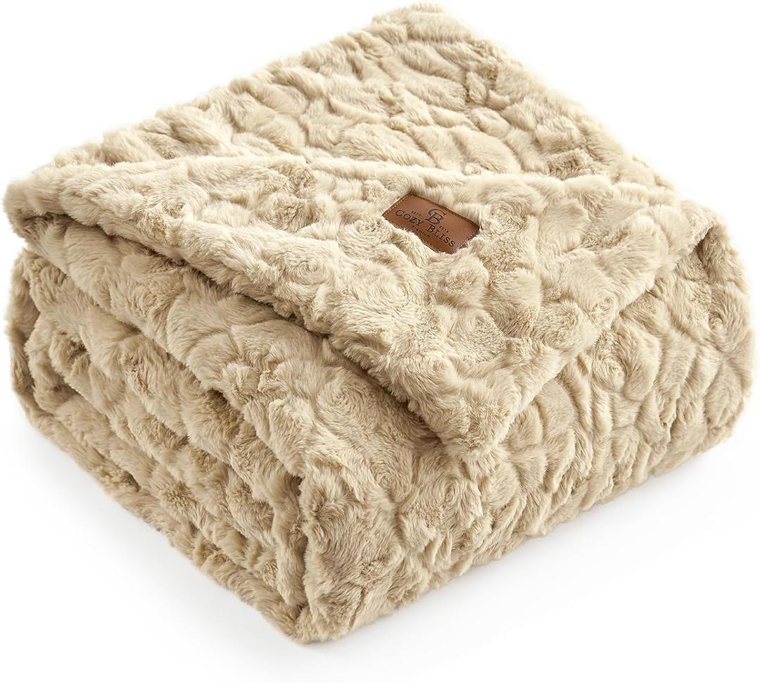 Cozy Bliss Faux Fur Throw Blanket for Couch, Fuzzy Soft Plush Thick Warm Fluffy Reversible Wave Textured Blanket for Sofa Bedroom Living Room, 55 * 70 Inches Khaki
