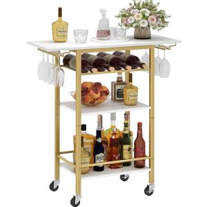 LAATOOREE Bar Cart, Home Bar Serving Cart, 4 Tier Mobile Drink Beverage Cart, Rolling Kitchen Shelf with Wine and Glass Holder, for Dinning Room, Living Room, Kitchen (Gold+ White)