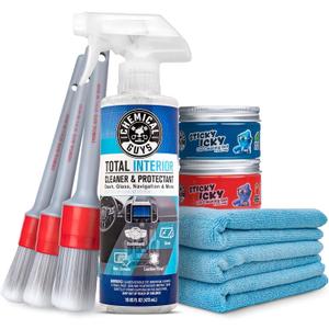 Chemical Guys Car Cleaning Kit Interior 9-Piece - Total Interior Cleaner, Sticky Icky Green Apple & Strawberry Detailing Gel, 3 Detailing Brushes, 3 Towels, Safe for Cars, Trucks, SUVs & More