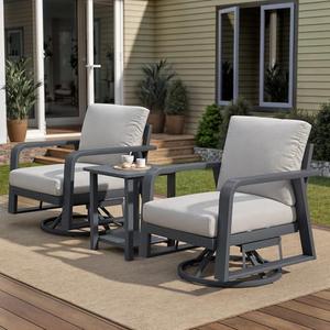 Trenlogne 3 Piece Aluminum Outdoor Swivel Rocking Chairs Set, All Weather Swivel Patio Chairs for Porch Deck Balcony Garden (Silver Gray)