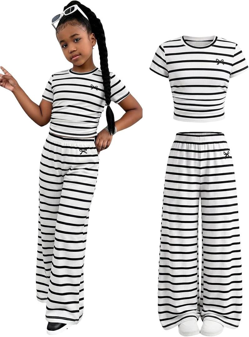 SOLY HUX Girl's Bow Print Short Sleeve T Shirt Pants Outfits (White)