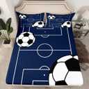 Football Fitted Sheet Queen Size,White Black Soccer Ball Field Mattress Cover with 2 Pillowcases,Gaming Sports Navy Blue Football Court Breathable Bed Sheet for Teens Adult,No Flat Sheet (QUEEN (W60*L80*H16"), Multi 13)